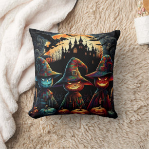 Colourful scarecrow trio by full moon throw pillow