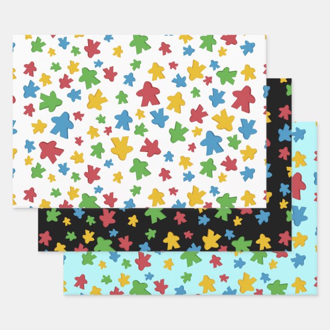 Colourful Scattered Boardgame Meeples Wrapping Paper Sheet (Set)