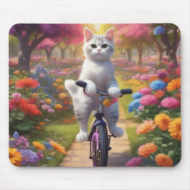 Colourful Scene with Cat on Bicycle Mouse Pad (Front)