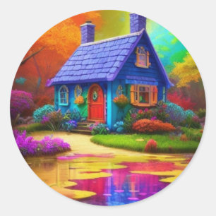 Colourful Scenery with Cottage and Lake-57577 Classic Round Sticker