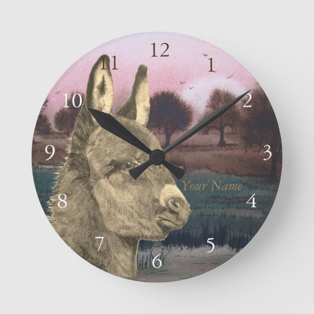 colourful scenic lifelike picture of cute donkey round clock (Front)