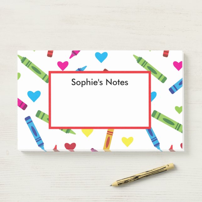 Colourful School Crayons Pattern with Hearts Custo Post-it Notes (On Desk)
