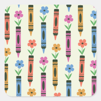Colourful School Crayons with Retro Flowers Patter Square Sticker