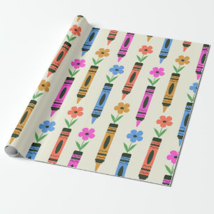 Colourful School Crayons with retro flowers Patter Wrapping Paper