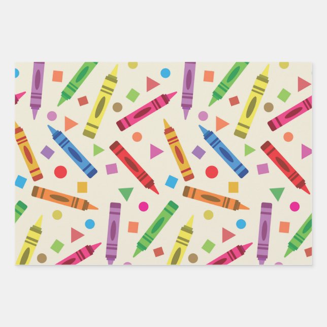 Colourful School Crayons with Shapes Pattern Wrapping Paper Sheet (Front)