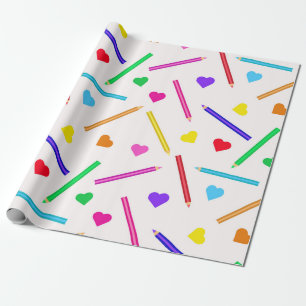 Colourful School pencils Pattern with little heart Wrapping Paper