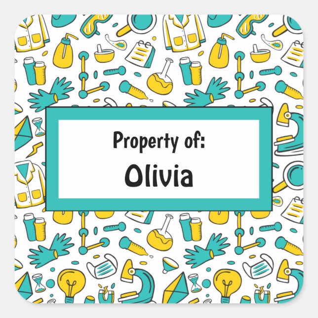 Colourful School Science lab Pattern Personalized Square Sticker (Front)