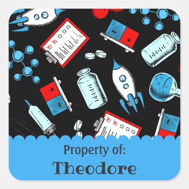 Colourful School Science Pattern Personalized Square Sticker (Front)