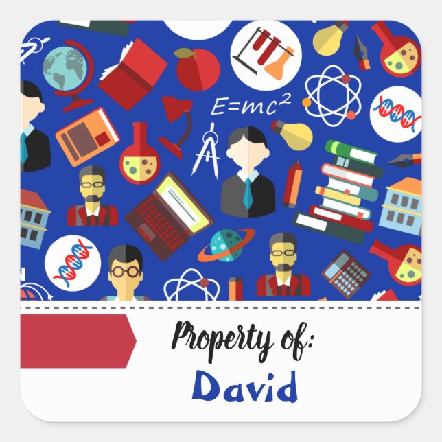 Colourful School Supplies Blue Kids Name Label (Front)