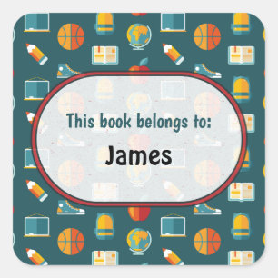 Colourful School Supplies Pattern Personalized Squ Square Sticker