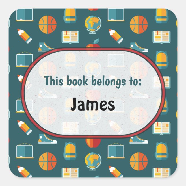 Colourful School Supplies Pattern Personalized Squ Square Sticker (Front)