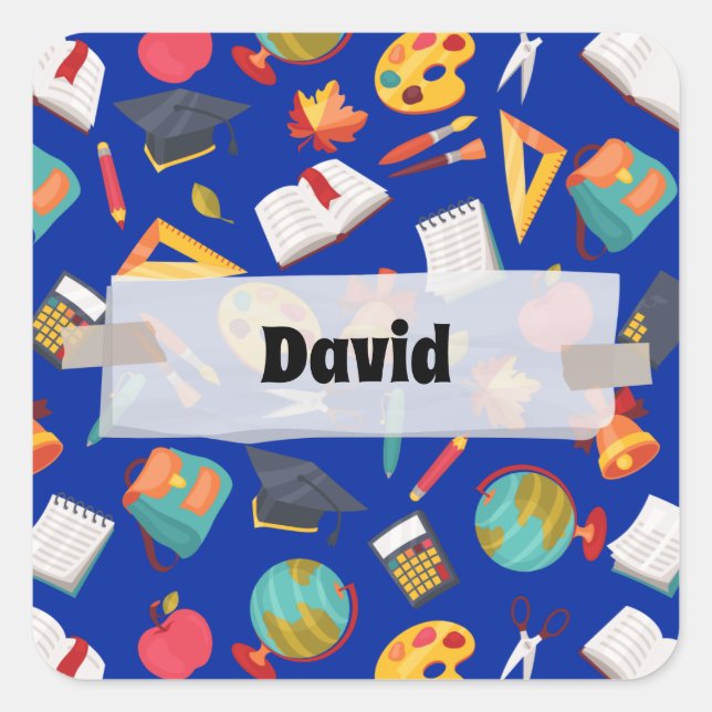 Colourful School Supplies Pattern Personalized  Square Sticker (Front)