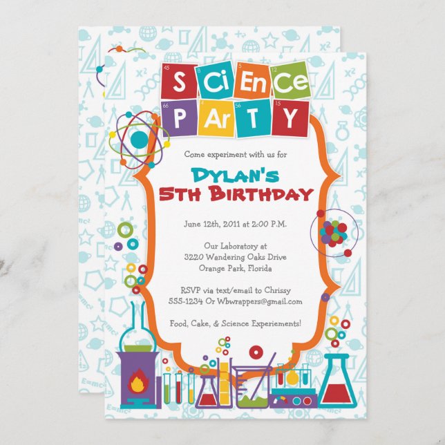 Colourful Science Themed Party Invitation (Front/Back)