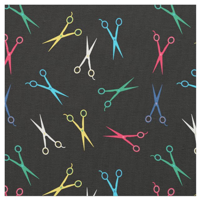 Colourful Scissor Pattern Black Background Fabric (Close Up)
