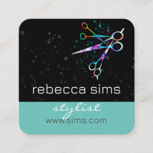 colourful scissors on black and teal modern bold square business card