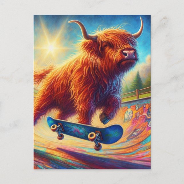 Colourful Scottish Highland Cow Skateboarding Postcard (Front)