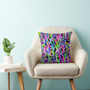 Colourful Scribble Art on Black  Throw Pillow