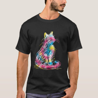 Colourful Scribble Cat Minimal Line Art Japanese L T-Shirt
