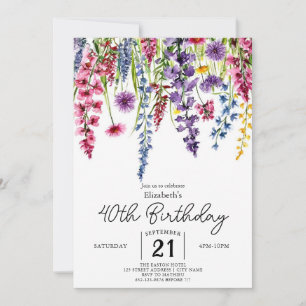 Colourful Script Wildflowers 40th birthday Invitation