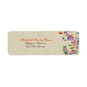 Colourful scroll leaf on beige wedding label