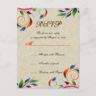 Colourful scroll leaf on beige wedding RSVP card