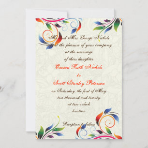 Colourful scroll leaf on ecru wedding invitation