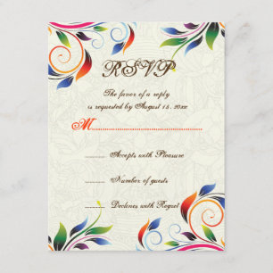 Colourful scroll leaf on ecru wedding RSVP card