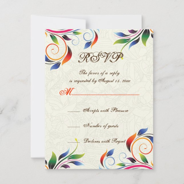 Colourful scroll leaf on ecru wedding RSVP card (Front)