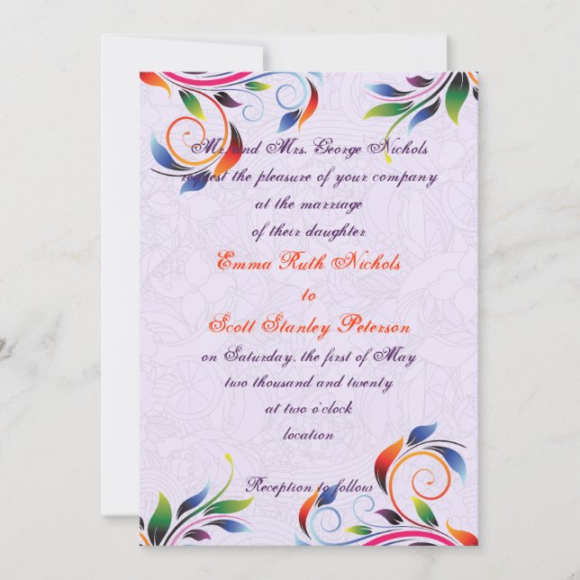 Colourful scroll leaf on purple wedding invitation (Front)