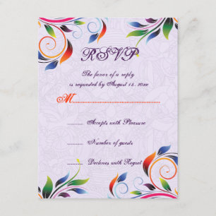 Colourful scroll leaf on purple wedding RSVP card