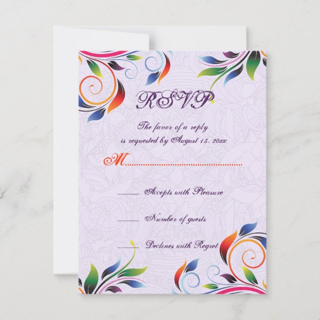 Colourful scroll leaf on purple wedding RSVP card (Front)