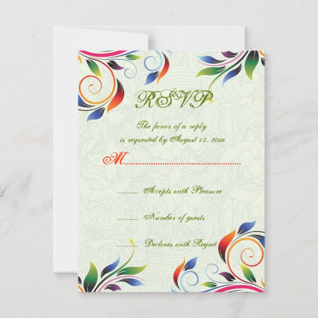 Colourful scroll leaf, pale limewedding RSVP card (Front)