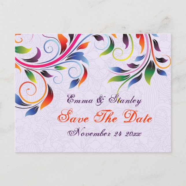 Colourful scroll leaf purple wedding Save the Date Announcement Postcard (Front)