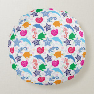 Colourful Sea Animals Illustration Pattern Round Pillow