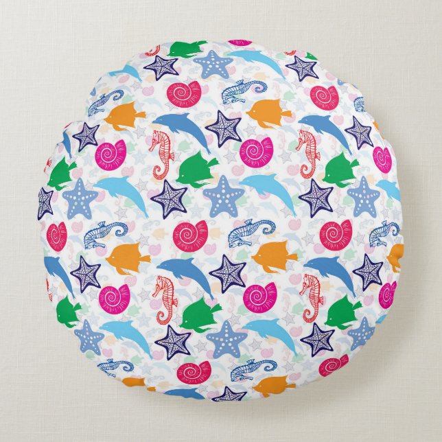 Colourful Sea Animals Illustration Pattern Round Pillow (Front)