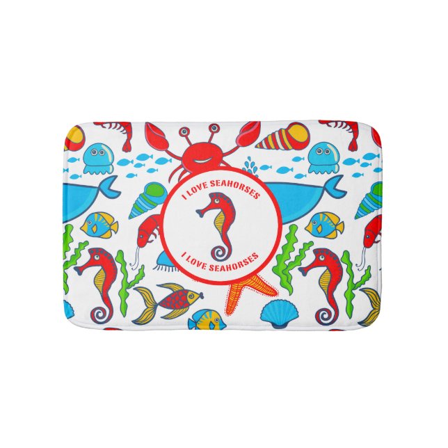 Colourful Sea Creatures Pattern Featuring Sea Hors Bath Mat (Front)