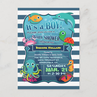 Colourful Sea Life Boy Baby Shower Invitation Postcard