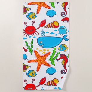 Colourful Sea-Life Illustration Beach Towel