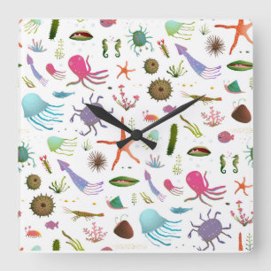 Colourful Sea Life Square Wall Clock