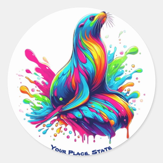 Colourful Sea Lion Splash Classic Round Sticker (Front)
