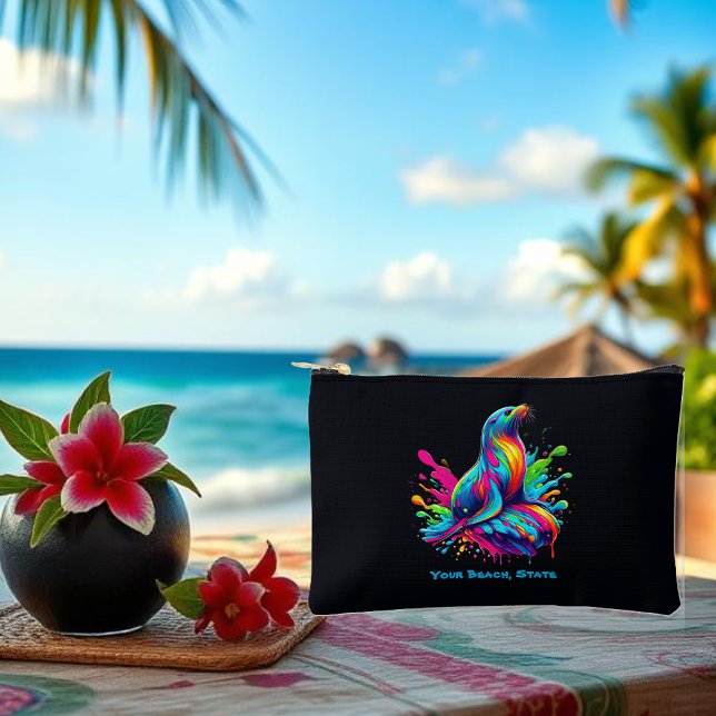 Colourful Sea Lion Splash Zippered Pouch (Colorful Sea lion-Fisherman Core-Dopamine Dressing-Beach Pouch-Summer Pouch-Black)