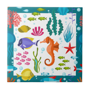 Colourful Sea Plants & Animals Cartoon Illustratio Tile