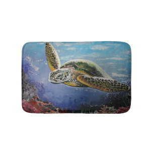 Colourful Sea Turtle Ocean Art for Coastal Bathroo Bath Mat