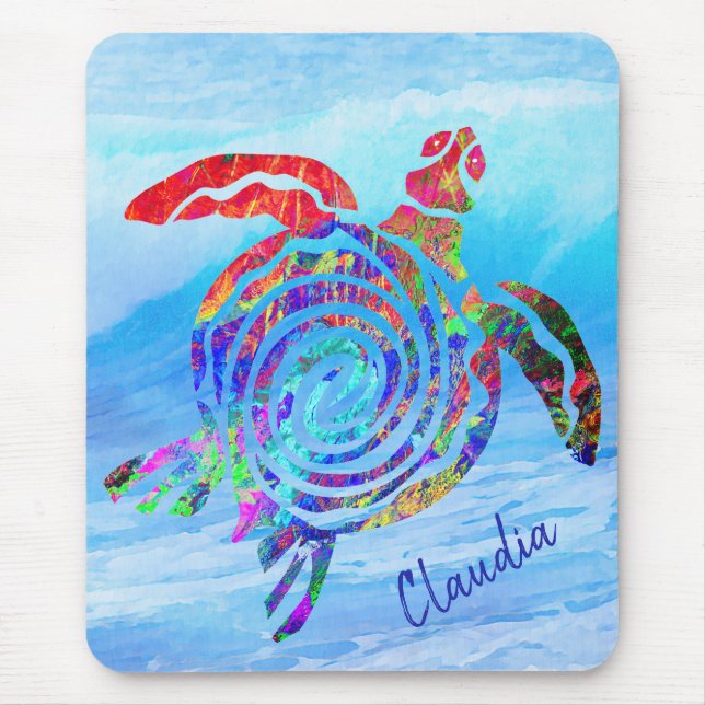Colourful Sea Turtle Swimming the Ocean Waves Mouse Pad (Front)