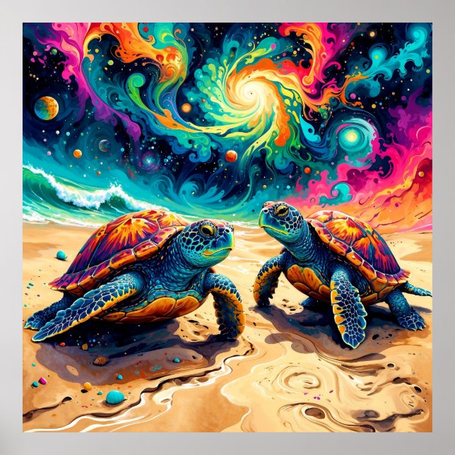 Colourful Sea Turtles Under a Cosmic Sky Poster (Front)