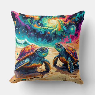 Colourful Sea Turtles Under a Cosmic Sky Throw Pillow