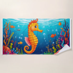 Colourful Seahorse in a Vibrant Coral Reef Beach Towel