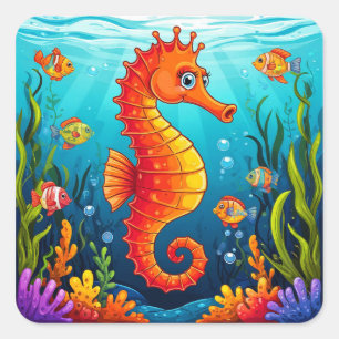 Colourful Seahorse in a Vibrant Coral Reef Square Sticker
