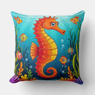 Colourful Seahorse in a Vibrant Coral Reef Throw Pillow