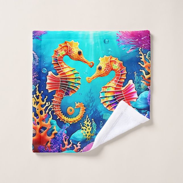 Colourful Seahorse Pair Design Bath Towel Set (Wash Cloth)